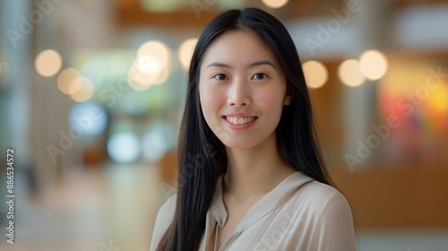 Free Download Portrait of a Smiling Young East Asian Woman in a Modern Indoor Setting with Blurred Background for Social Media and Marketing - GFXLoad