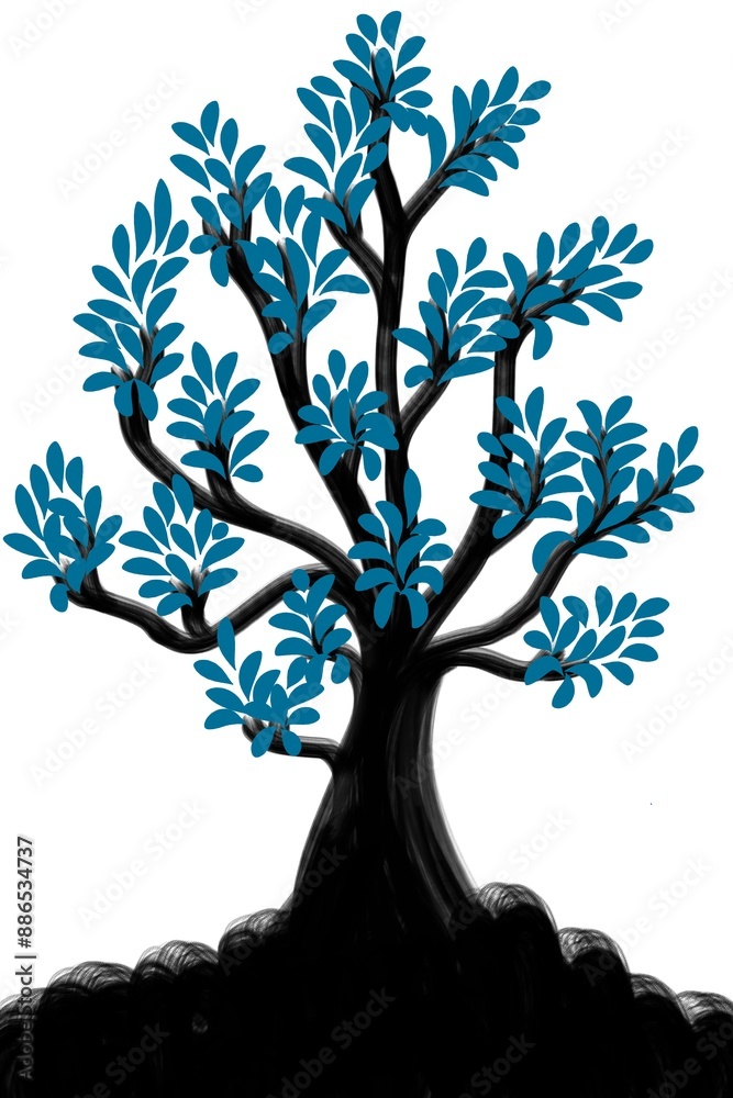 Obraz premium Illustration of tree, silhouette of tree, tree with roots, tree, black and white, black and white wall decoration, decoration, wall decoration, painting, drawing, paint, plant, flora, tree design, art