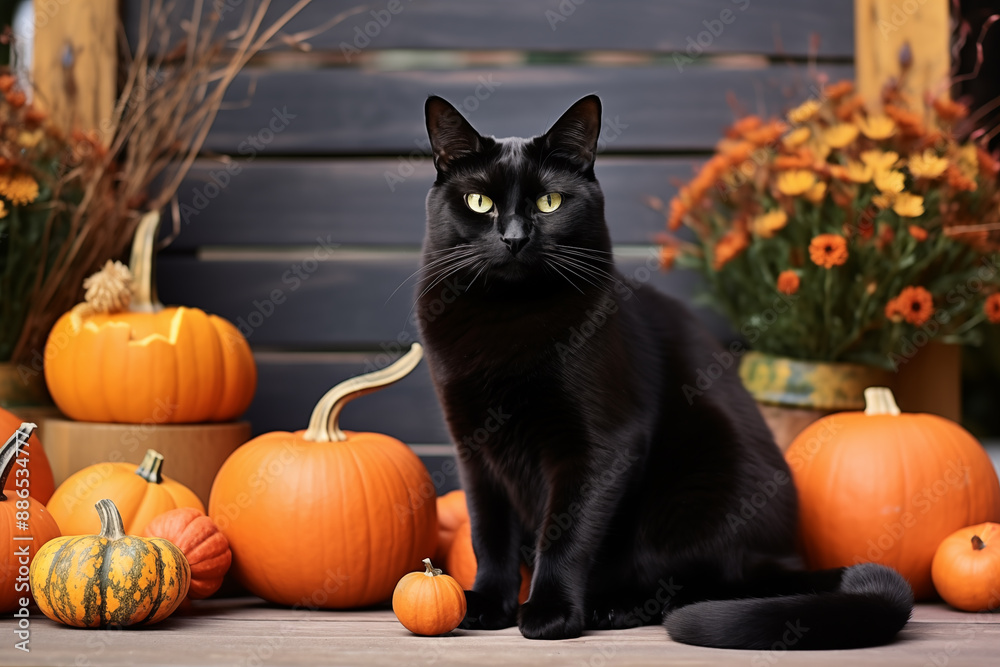 Black Cat With Green Eyes On A Porch With Pumpkins For Halloween Black Cat With Green Eyes On A Porch With Pumpkins For Halloween