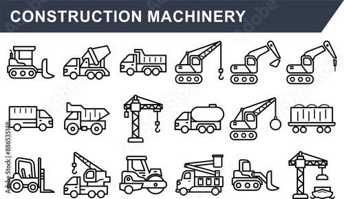 A set of line icons representing various construction machinery, including cranes, bulldozers, excavators, and trucks, ideal for engineering and construction-related design projects. photo