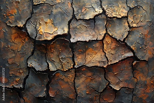 An abstract with a textured canvas resembling cracked earth. The surface is rough and uneven, with subtle hints of brown and orange paint. The composition evokes a sense of aridity and resilience.