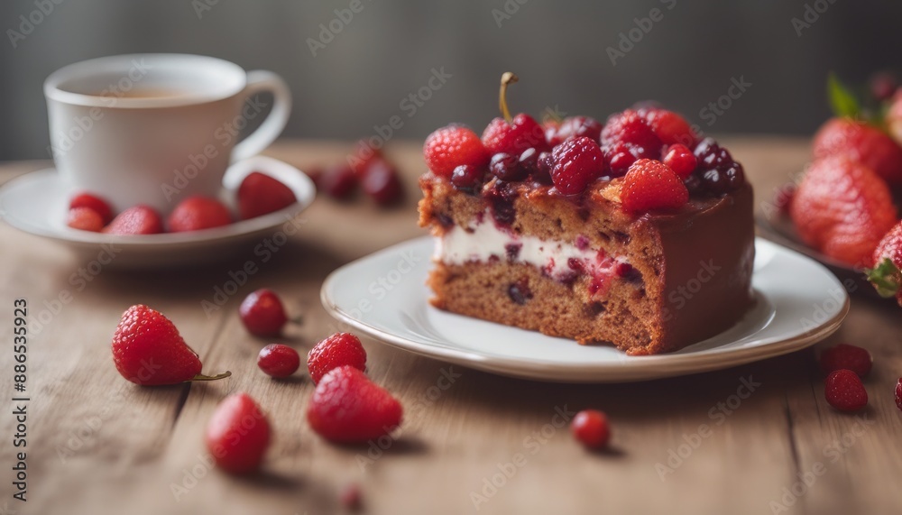 Front view red cake slice fruit cake piece inside plate with fresh cranberries and strawberries Front view red cake slice fruit cake piece inside plate with fresh cranberries and strawberries