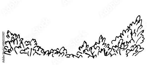 Bushes and vegetation, hedges, fences. Nature and landscape, forest. Simple vector drawing with black outline. Sketch in ink.