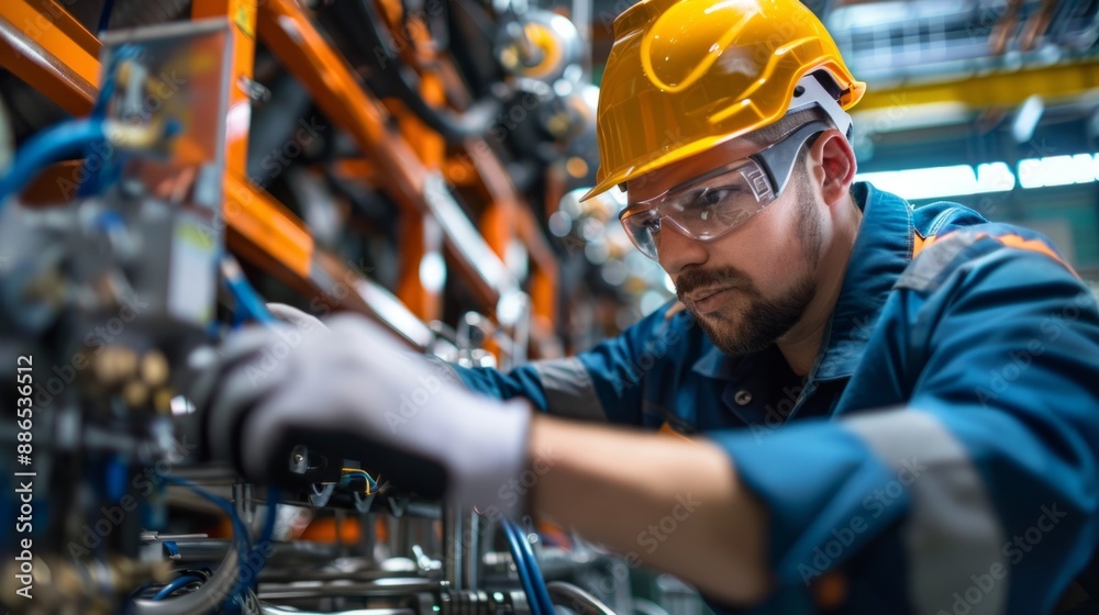 A technician, wearing safety glasses and a hard hat, meticulously works on intricate machinery in a busy industrial setting A technician, wearing safety glasses and a hard hat, meticulously works on intricate machinery in a busy industrial setting