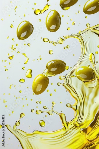 Green olives with a splash and splashes of olive oil on a white background. Creative food concept, preparing healthy olive oil for cooking, natural eco cosmetics