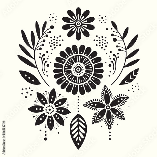 Boho Flower Decoration Elements Silhouette Vector Illustration