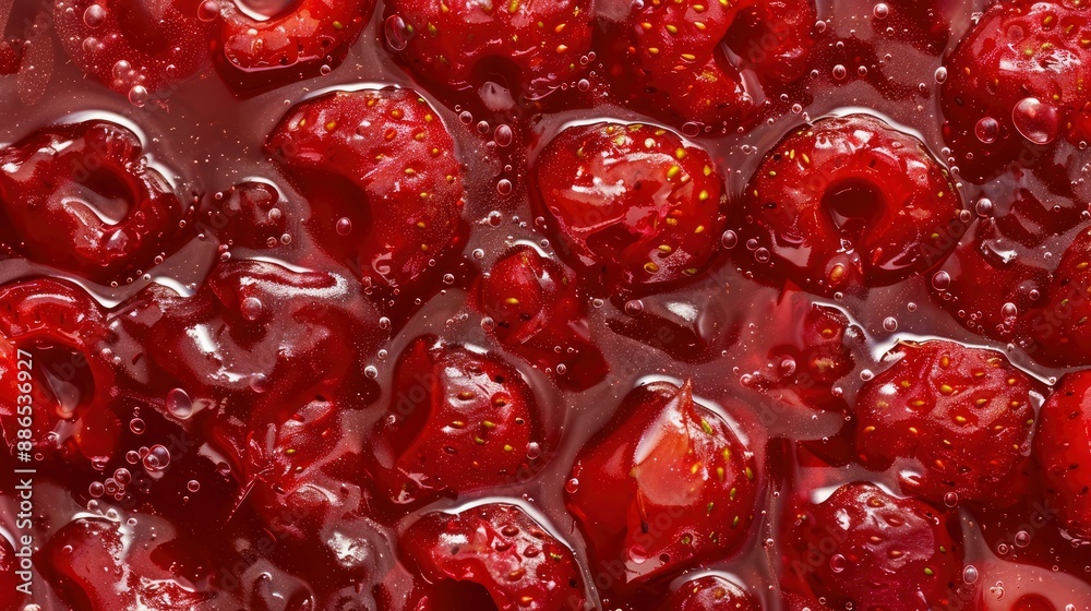 Background of strawberry jam close-up. Texture of strawberry berry jam. Food background. Whole berries in juice Background of strawberry jam close-up. Texture of strawberry berry jam. Food background. Whole berries in juice