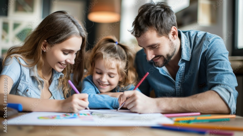 Child drawing pictures at home with parents Child drawing pictures at home with parents