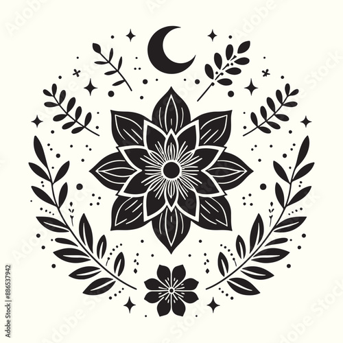 Boho Flower Decoration Elements Silhouette Vector Illustration