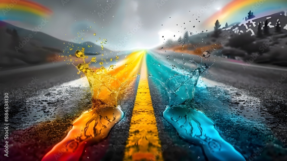 Vibrant Rainbow Vomit Splashing Across Monochrome Road Landscape Vibrant Rainbow Vomit Splashing Across Monochrome Road Landscape