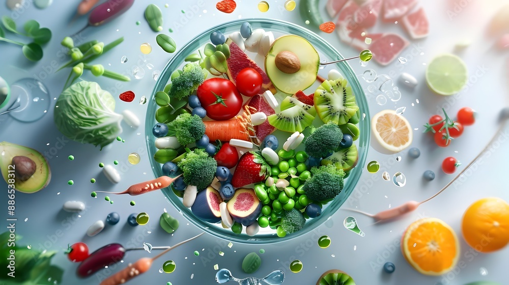 Assorted Functional Foods Arranged in a Dish with Osteoblasts Depicted Assorted Functional Foods Arranged in a Dish with Osteoblasts Depicted