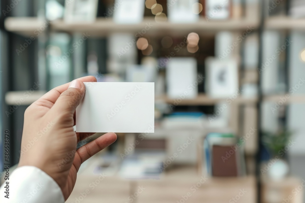 Hand holding a blank business card in an office environment, blurred background, networking and professional exchange concept, horizontal image, place for text