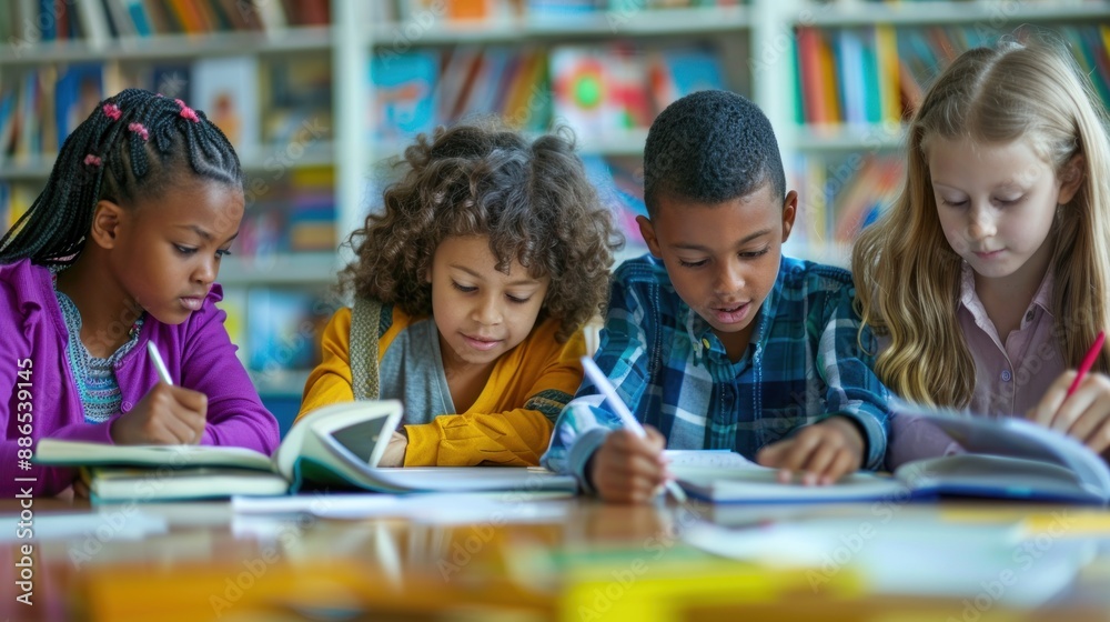 Children assisting each other with homework at a study table Children assisting each other with homework at a study table