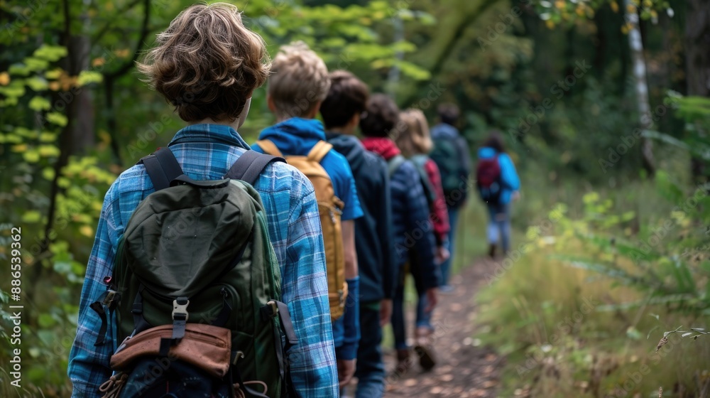 a guide leading a group hike in the woods. Travel banner. adventure lifestyle. Activity holiday a guide leading a group hike in the woods. Travel banner. adventure lifestyle. Activity holiday