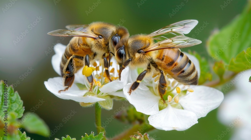 Two Bees Pollinating White Flowers. Two Bees Pollinating White Flowers.