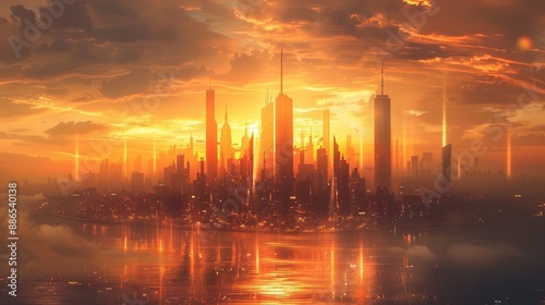 City Skyline at Sunset With Golden Hues and Reflections