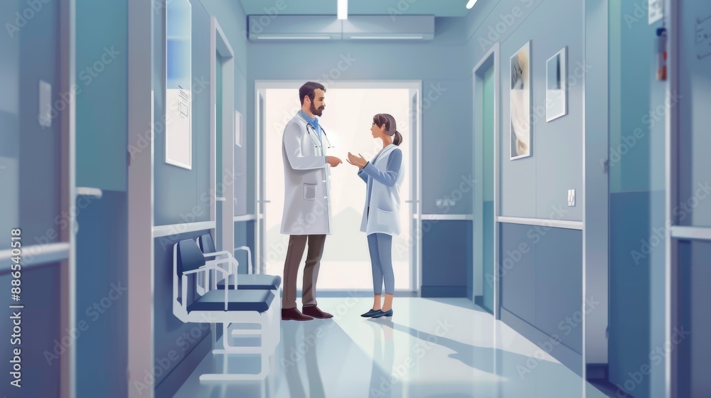 Doctor and female patient discussing something while standing in clinic corridor Doctor and female patient discussing something while standing in clinic corridor