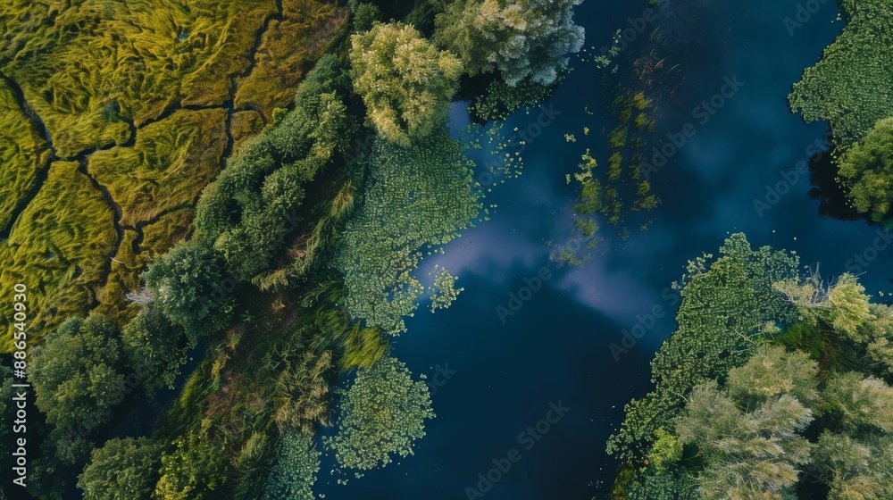 Aerial view of a deep blue river meandering through a lush green forest, creating a captivating contrast Aerial view of a deep blue river meandering through a lush green forest, creating a captivating contrast