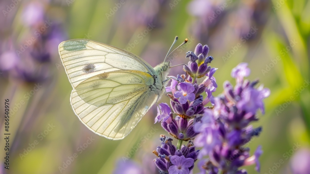 Fototapeta premium Vibrant Butterfly Resting on Delicate Lavender Flower Petals - Close-up Nature Shot