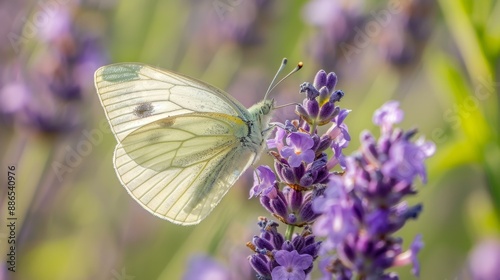 Vibrant Butterfly Resting on Delicate Lavender Flower Petals - Close-up Nature Shot