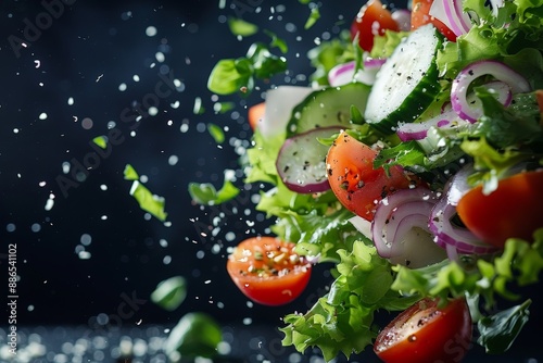 Fresh salad ingredients dancing in the air