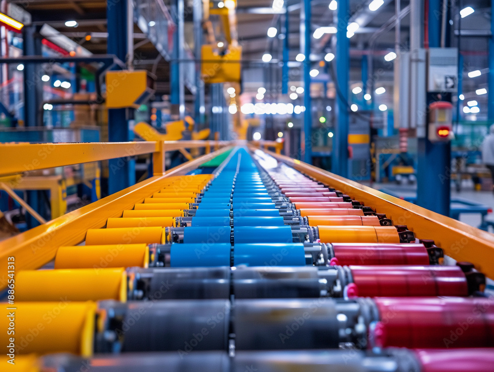 Obraz premium Modern Factory Conveyor Belt With Colorful Rollers in Production Line