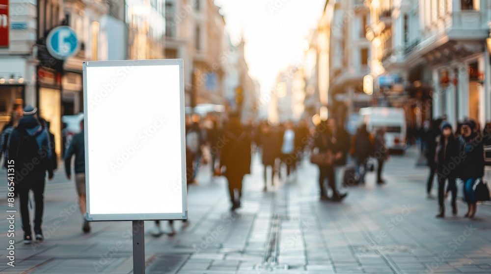 Blank vertical billboard on a busy city street with blurred pedestrians in the background, urban advertising concept, modern city life, horizontal image, place for text. blur, defocus Blank vertical billboard on a busy city street with blurred pedestrians in the background, urban advertising concept, modern city life, horizontal image, place for text. blur, defocus
