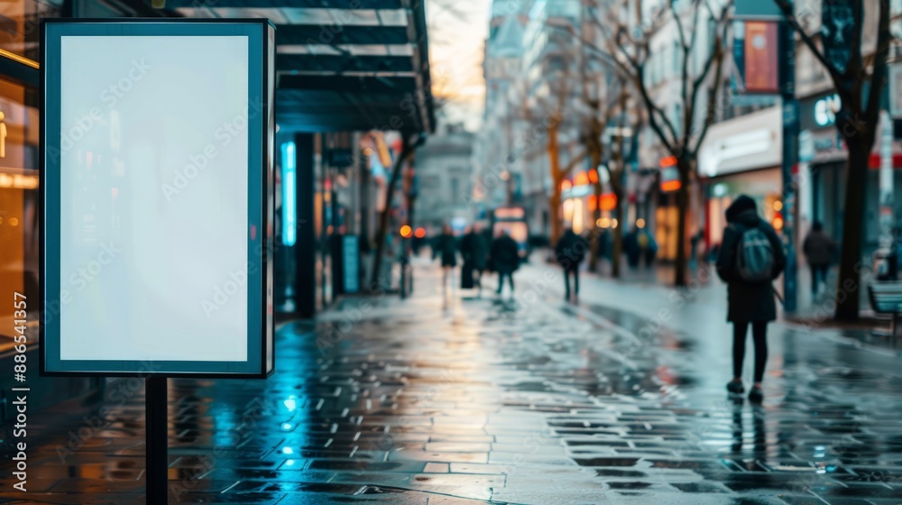Blank vertical billboard on a busy city street with blurred pedestrians in the background, urban advertising concept, modern city life, horizontal image, place for text. blur, defocus Blank vertical billboard on a busy city street with blurred pedestrians in the background, urban advertising concept, modern city life, horizontal image, place for text. blur, defocus