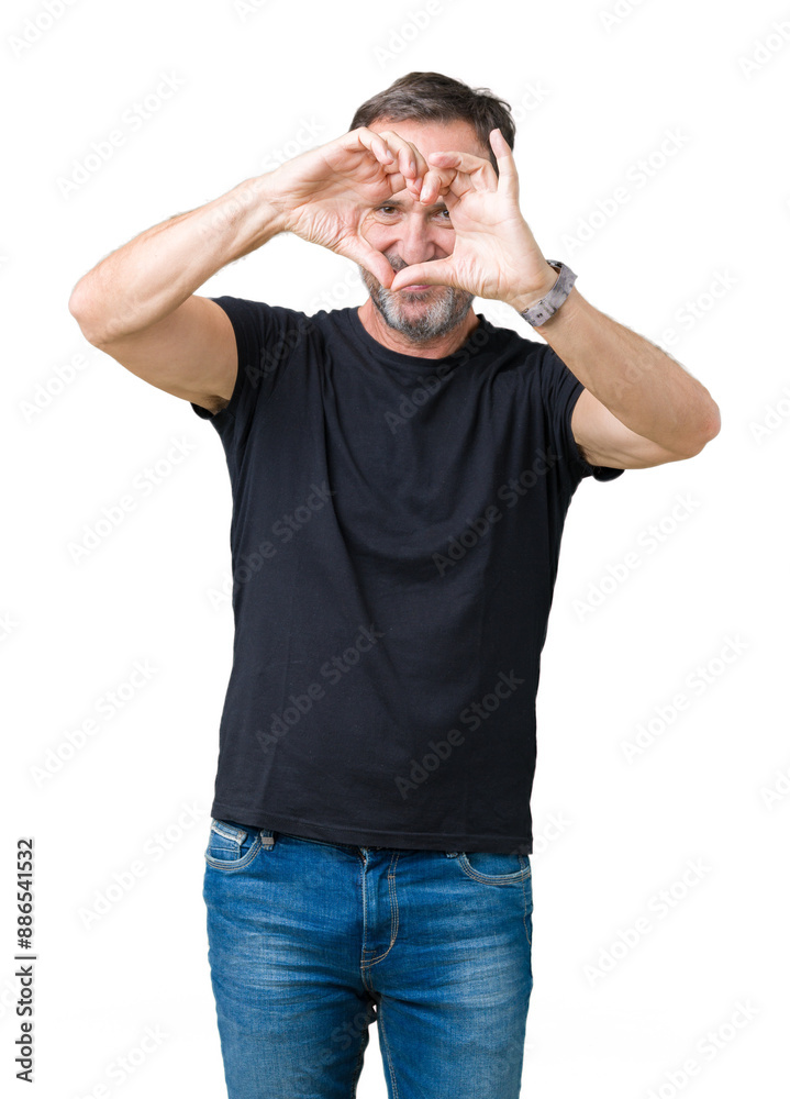 Handsome middle age hoary senior man over isolated background Doing heart shape with hand and fingers smiling looking through sign Handsome middle age hoary senior man over isolated background Doing heart shape with hand and fingers smiling looking through sign