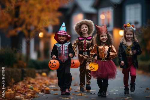 Excited Trick-or-Treaters in Halloween Costumes Walk Through a Neighborhood