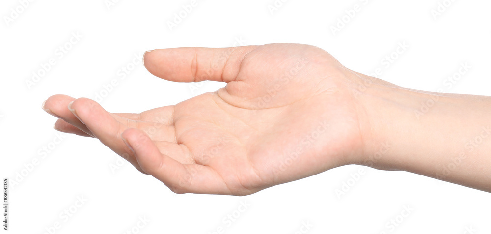 Woman showing hand on white background, closeup Woman showing hand on white background, closeup