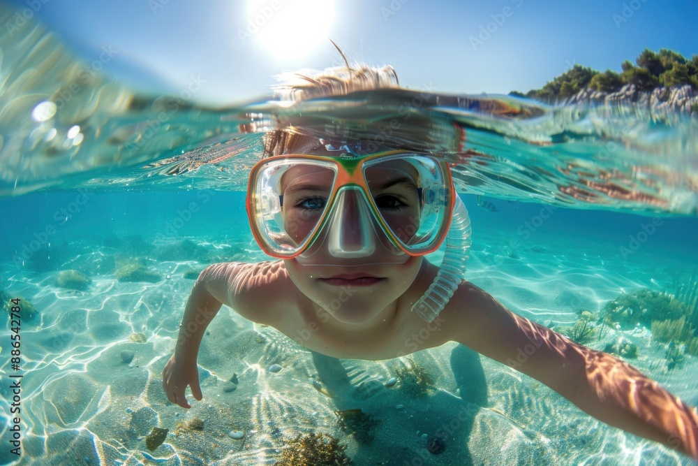 Naklejka premium The photo depicts a child swimming underwater in clear turquoise water, capturing the joy and freedom experienced during a sunny day at the beach in a pristine natural setting.