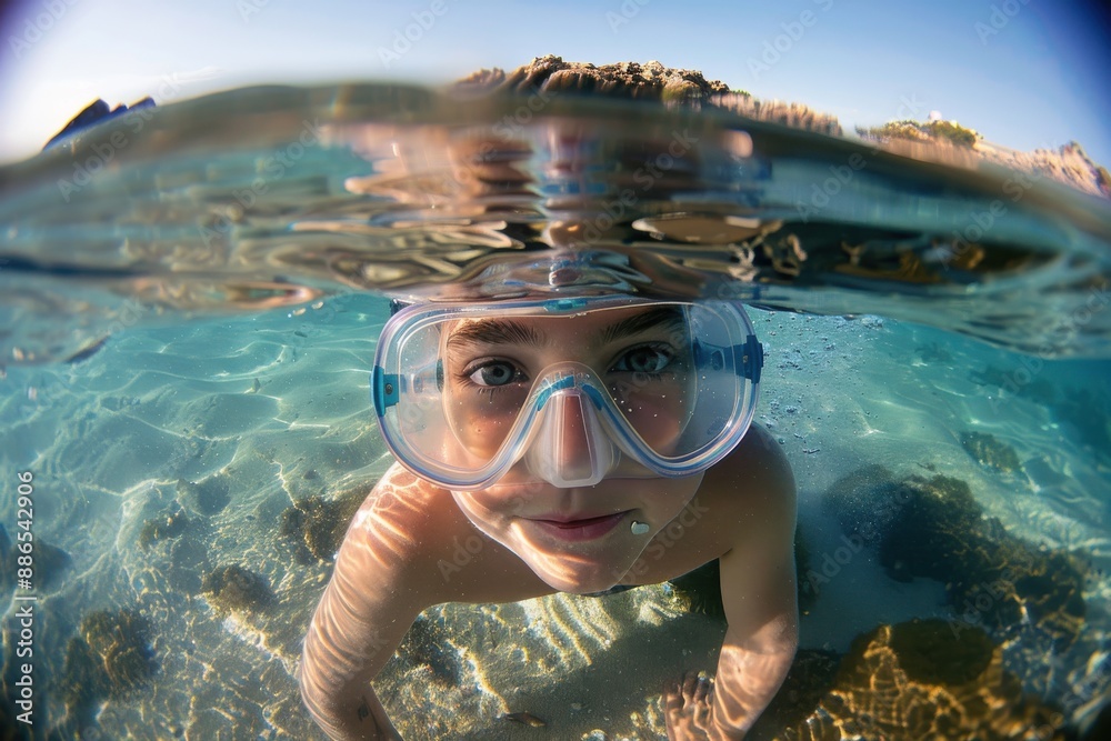 Fototapeta premium The image captures a child swimming with underwater goggles in clear water, showcasing a fun and adventurous moment at the beach, surrounded by nature's beauty and freedom.