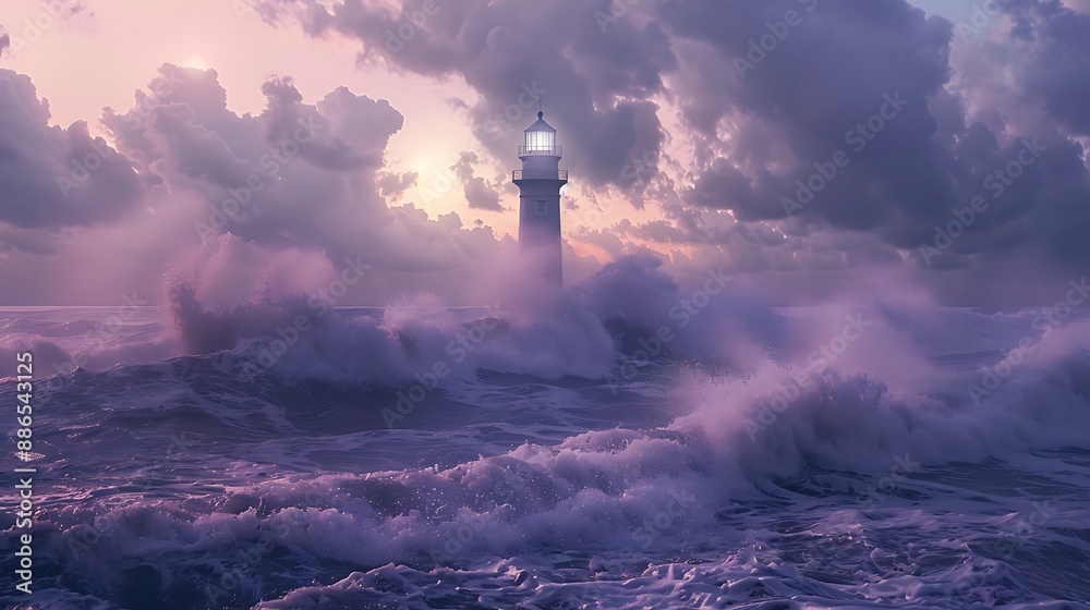 A minimal lighthouse during a tempest, ocean waves, soft lavender and grey, ultra HD quality A minimal lighthouse during a tempest, ocean waves, soft lavender and grey, ultra HD quality