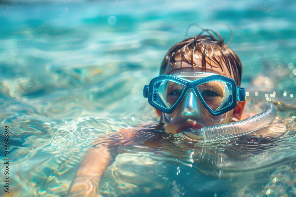 Fototapeta premium This image showcases a child swimming underwater with a snorkel in a crystal-clear ocean, capturing the adventurous spirit and excitement of underwater exploration.