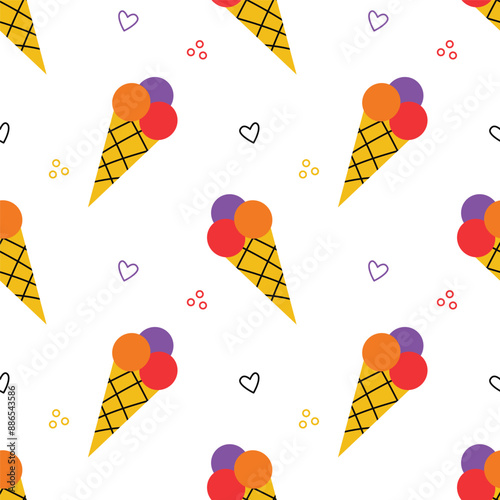 Vector seamless pattern with ice cream cones on white background. Modern design for fabric and paper, surface textures. 