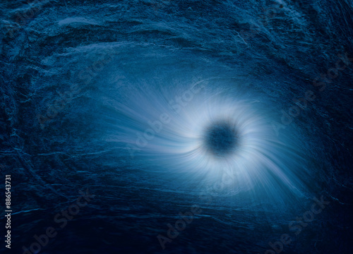 紺碧の荒々しい惑星地盤に空いた大気の穴に白いガスが吸い込まれる宇宙観のある抽象イラスト