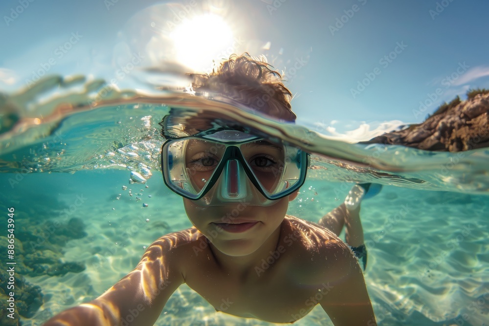 Naklejka premium A child swims underwater in a bright, clear sea with sunlight streaming through the currents, capturing a blend of adventure, playfulness, and tranquility.