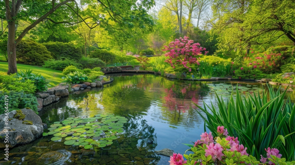 Tranquil Garden Pond with Lily Pads and Flowers. Tranquil Garden Pond with Lily Pads and Flowers.
