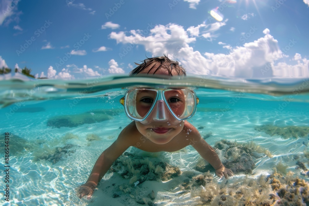Naklejka premium A child enjoys an underwater adventure in crystal-clear water wearing blue goggles, exploring marine life and the serene beauty of the seaside in bright daylight.
