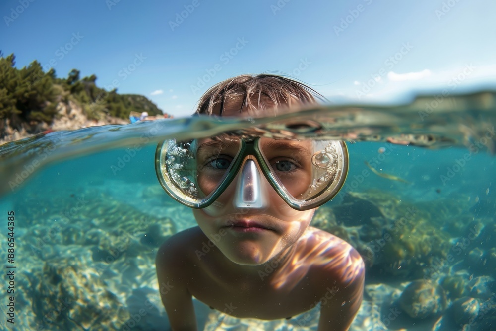 Naklejka premium Close-up of a child swimming underwater with golden goggles surrounded by the aqua blue sea, reflecting joyous exploration and the serene beauty of the ocean.
