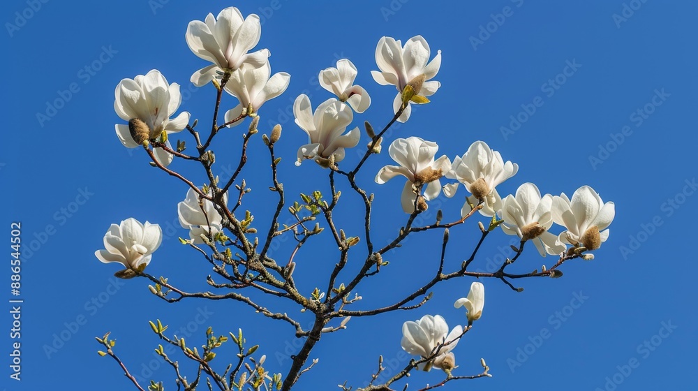 Magnolia Flowers Blooming Against a Blue Sky. Magnolia Flowers Blooming Against a Blue Sky.