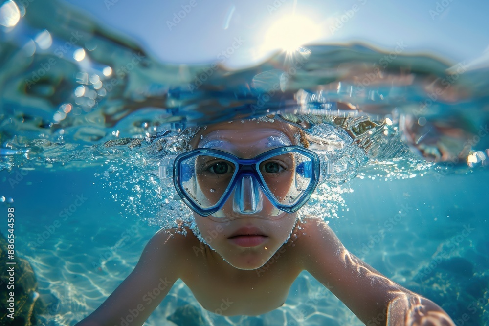 Naklejka premium A person wearing swimming goggles is shown underwater with the bright sunlight filtering through the clear, blue waters. The scene is serene and vibrant, showcasing marine life.