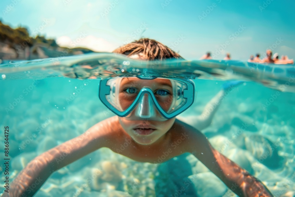 Naklejka premium A boy swimming underwater in the clear ocean while wearing large goggles, with a stunning view of the rocky seabed and clear blue waters surrounding him.