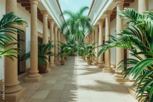 Tropical Paradise with Colonial Architecture Palm Trees and Columns in a Tranquil Courtyard, Creating a Serene Escape From the Hustle and Bustle of Everyday Life © pisan