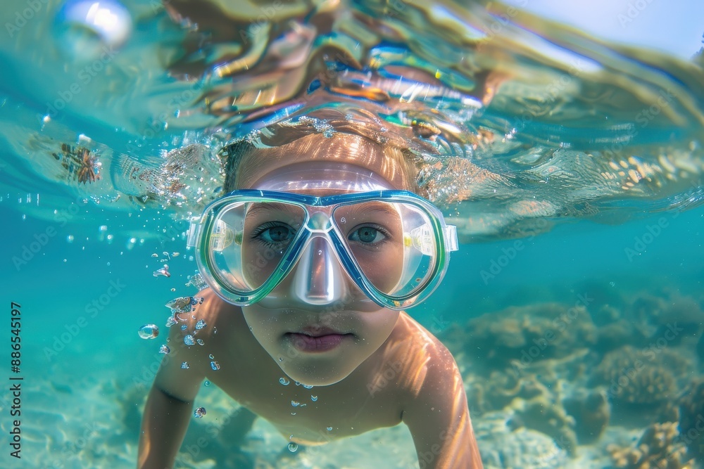 Naklejka premium A swimmer wearing goggles is pictured diving underwater amidst clear ocean waters, with vibrant marine life seen in the background. It signifies the thrill of underwater exploration.