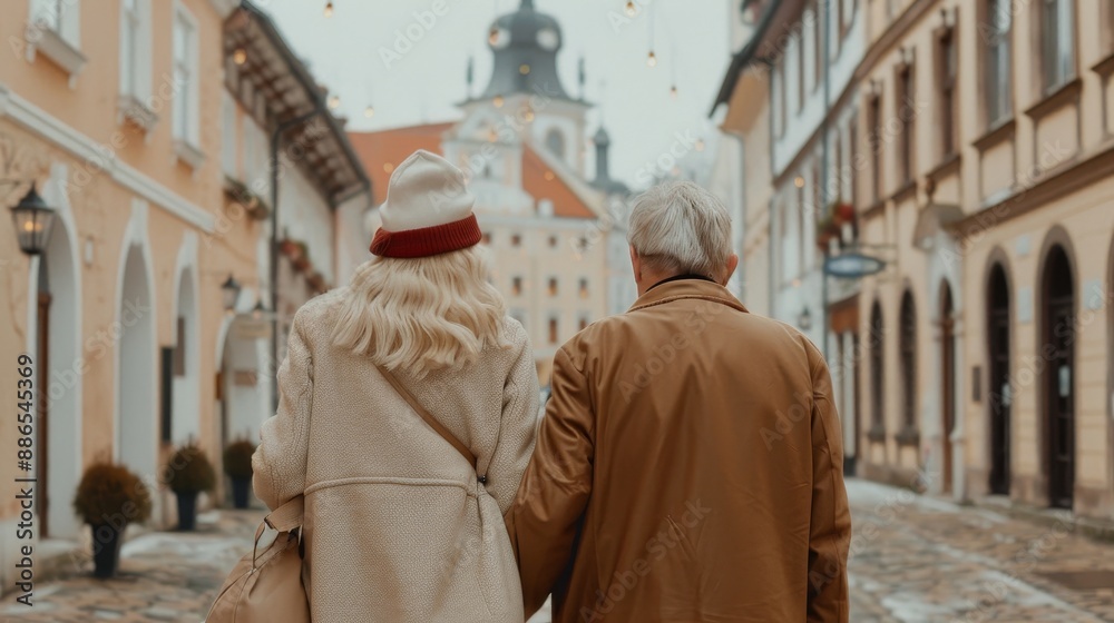 Naklejka premium Elderly couple exploring a historic city, walking through cobblestone streets, capturing the essence of an enriching trip and cultural experience