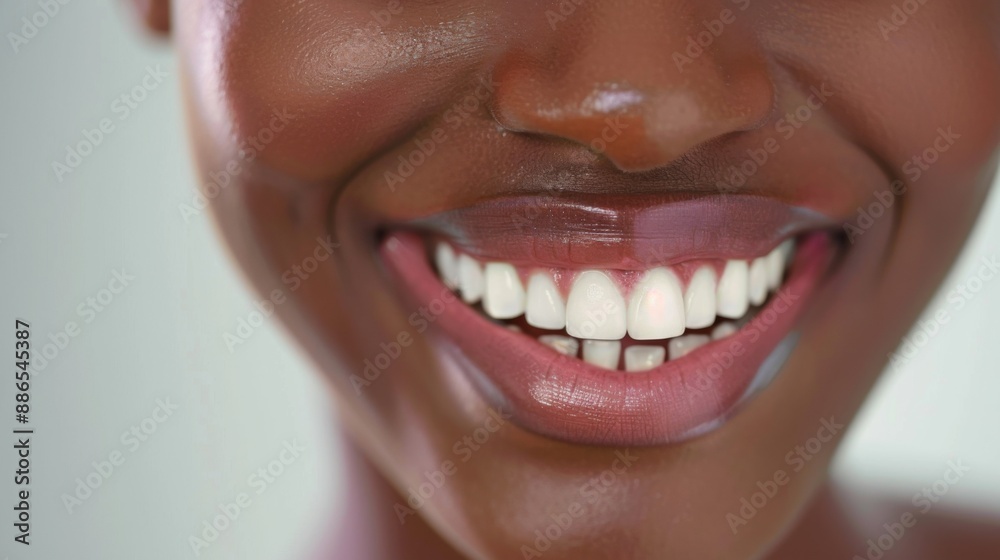 Obraz premium Perfect white teeth African American black girl close up. Female toothy veneer smile. Dental care and stomatology