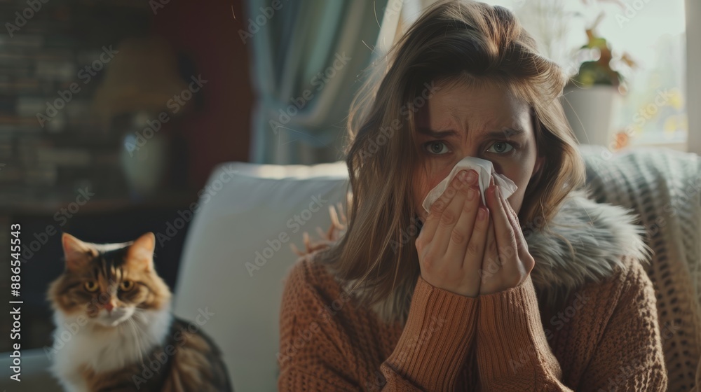 Young woman sneezing which suffering from symptoms of cat's fur allergy. Cute cat and allergic girl. Animal allergy people health illness concept.