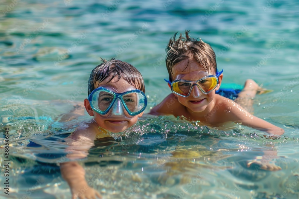 Naklejka premium Two young children having fun while swimming in crystal clear blue water, wearing goggles. The image depicts joy, summer fun, and outdoor activities.